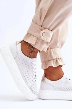 Skórzane Buty Sportowe Na Masywnej Platformie Białe Montigo