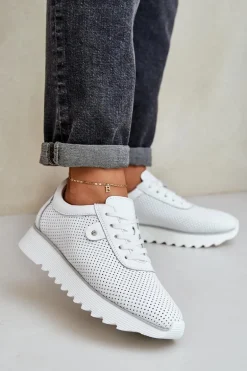 Skórzane Buty Sportowe Na Platformie Z Brokatem D&A LR51-629 Białe