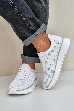 Skórzane Buty Sportowe Na Platformie Z Brokatem D&A LR51-629 Białe