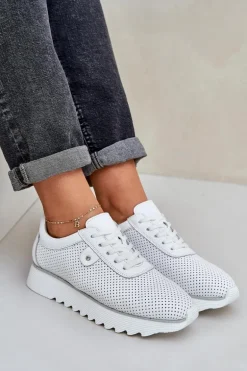 Skórzane Buty Sportowe Na Platformie Z Brokatem D&A LR51-629 Białe