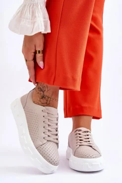 Skórzane Buty Sportowe Na Masywnej Platformie Beżowe Montigo