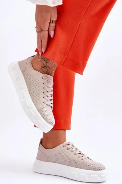 Skórzane Buty Sportowe Na Masywnej Platformie Beżowe Montigo