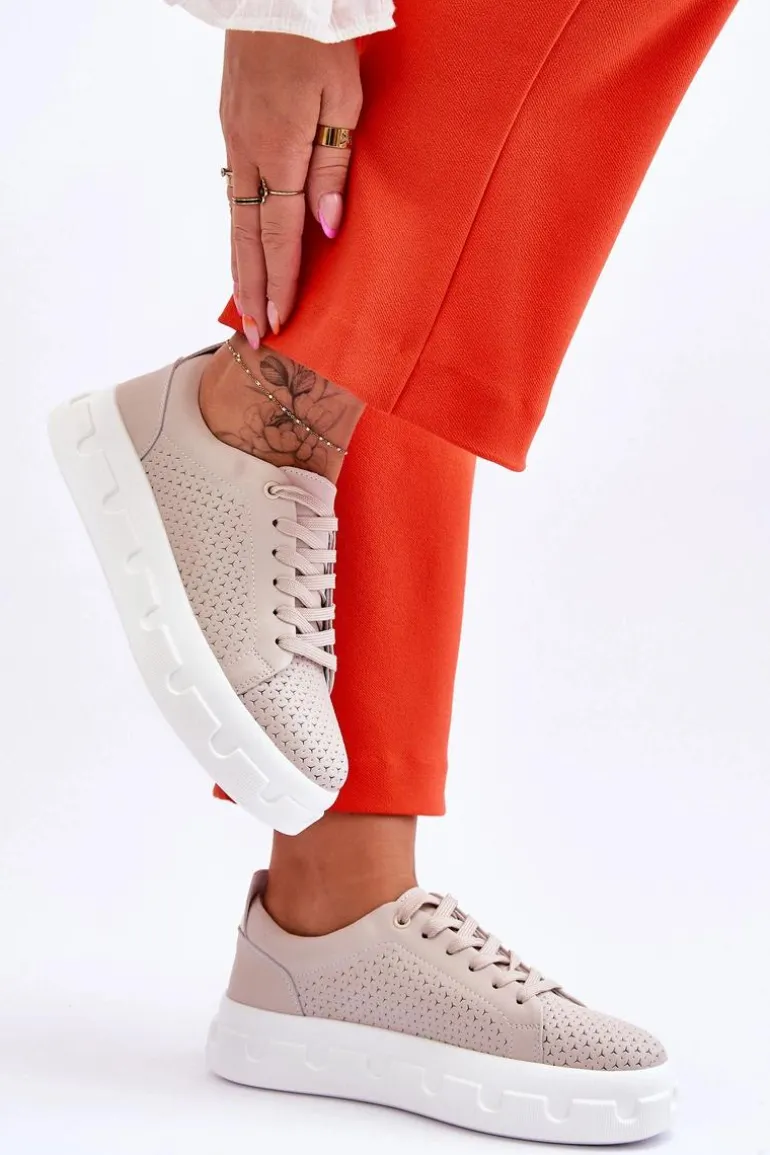 Skórzane Buty Sportowe Na Masywnej Platformie Beżowe Montigo