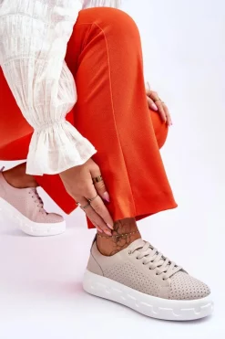 Skórzane Buty Sportowe Na Masywnej Platformie Beżowe Montigo