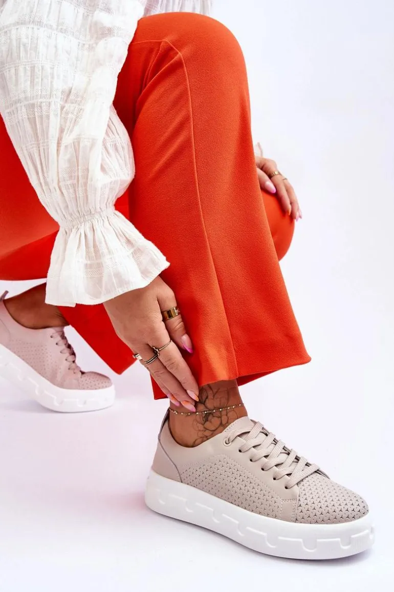 Skórzane Buty Sportowe Na Masywnej Platformie Beżowe Montigo