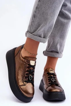 Skórzane Buty Sportowe Na Platformie Maciejka 06191-24 Miedziane