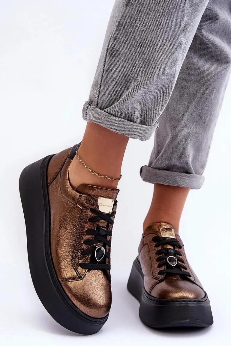 Skórzane Buty Sportowe Na Platformie Maciejka 06191-24 Miedziane