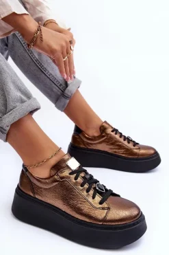 Skórzane Buty Sportowe Na Platformie Maciejka 06191-24 Miedziane