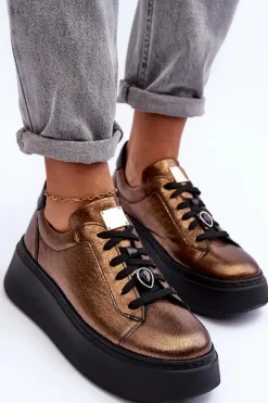 Skórzane Buty Sportowe Na Platformie Maciejka 06191-24 Miedziane