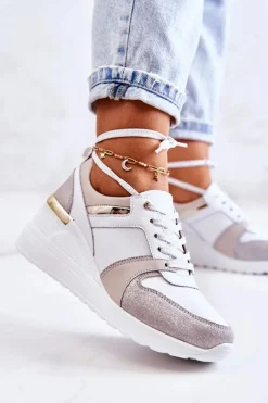 Skórzane Buty Sportowe Na Koturnie Biało-Szare Rayana