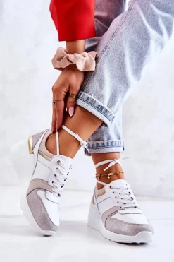 Skórzane Buty Sportowe Na Koturnie Biało-Szare Rayana