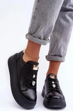 Skórzane Buty Sportowe Na Platformie Maciejka 06191-01 Czarne