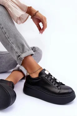 Skórzane Buty Sportowe Na Platformie Maciejka 06191-01 Czarne
