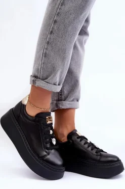 Skórzane Buty Sportowe Na Platformie Maciejka 06191-01 Czarne