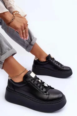 Skórzane Buty Sportowe Na Platformie Maciejka 06191-01 Czarne
