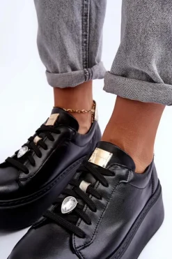 Skórzane Buty Sportowe Na Platformie Maciejka 06191-01 Czarne