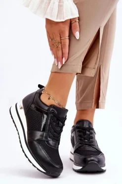 Skórzane Buty Sportowe Na Niewysokim Koturnie Czarne Braylen