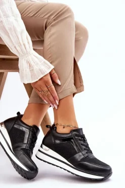 Skórzane Buty Sportowe Na Niewysokim Koturnie Czarne Braylen