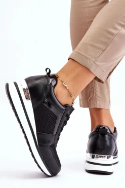 Skórzane Buty Sportowe Na Niewysokim Koturnie Czarne Braylen