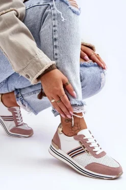 Skórzane Buty Sportowe S.Barski AL21575 Biało-Różowe