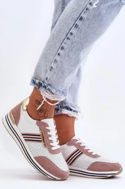 Skórzane Buty Sportowe S.Barski AL21575 Biało-Różowe