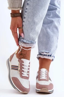 Skórzane Buty Sportowe S.Barski AL21575 Biało-Różowe