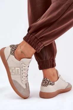 Skórzane Buty Sportowe Sneakersy Damskie Panterka CheBello 4640 Beżowe