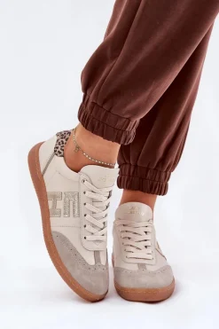 Skórzane Buty Sportowe Sneakersy Damskie Panterka CheBello 4640 Beżowe