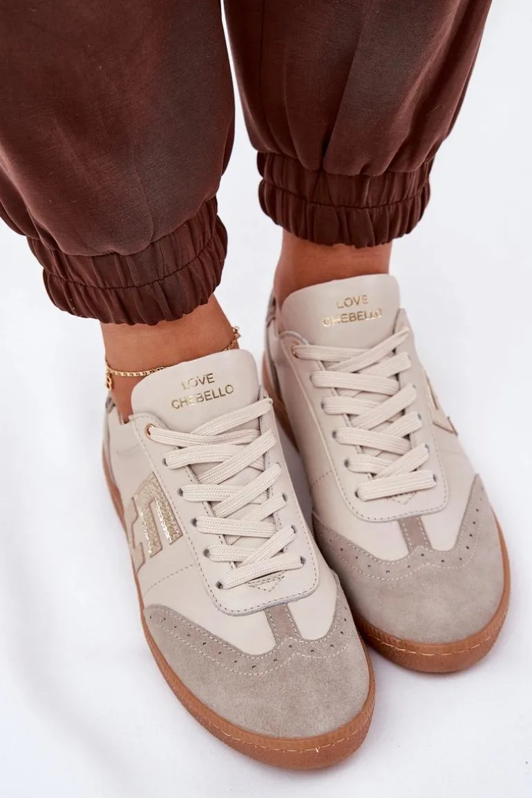 Skórzane Buty Sportowe Sneakersy Damskie Panterka CheBello 4640 Beżowe