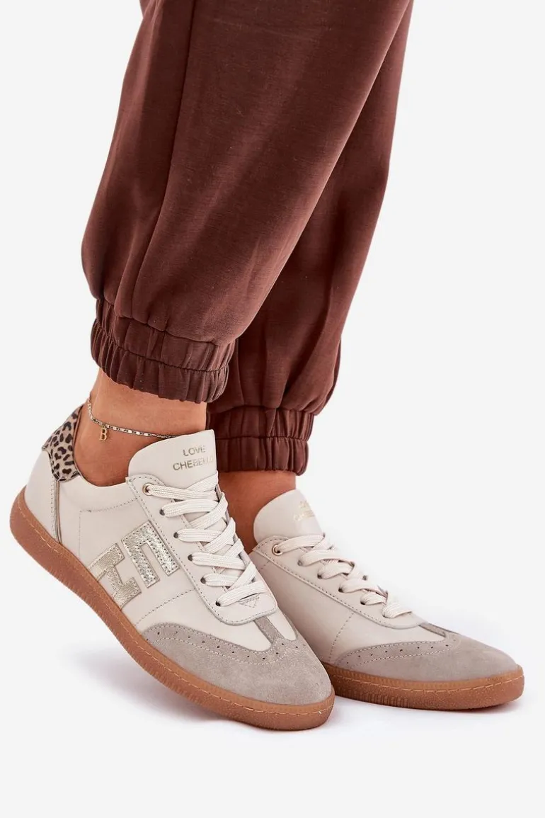 Skórzane Buty Sportowe Sneakersy Damskie Panterka CheBello 4640 Beżowe