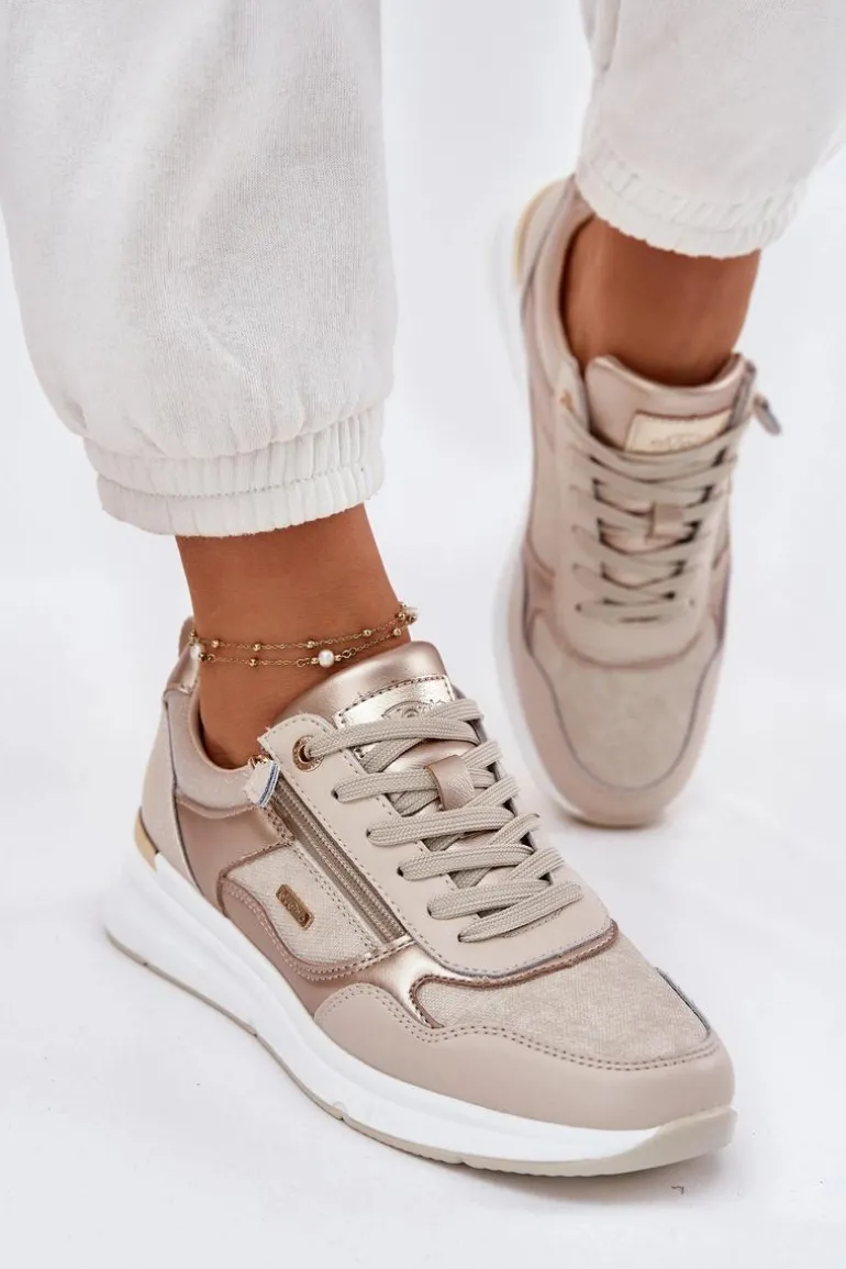 Skórzane Buty Sportowe Sneakersy Damskie Z Zamkiem Beżowe Lilimia