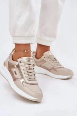 Skórzane Buty Sportowe Sneakersy Damskie Z Zamkiem Beżowe Lilimia