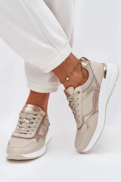 Skórzane Buty Sportowe Sneakersy Damskie Z Zamkiem Beżowe Lilimia