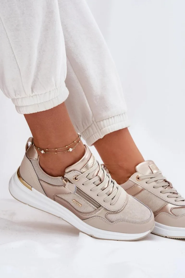 Skórzane Buty Sportowe Sneakersy Damskie Z Zamkiem Beżowe Lilimia
