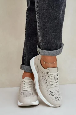 Skórzane Buty Sportowe Sneakersy Damskie S.Barski LR51-551 Beżowe