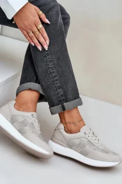 Skórzane Buty Sportowe Sneakersy Damskie S.Barski LR51-551 Beżowe