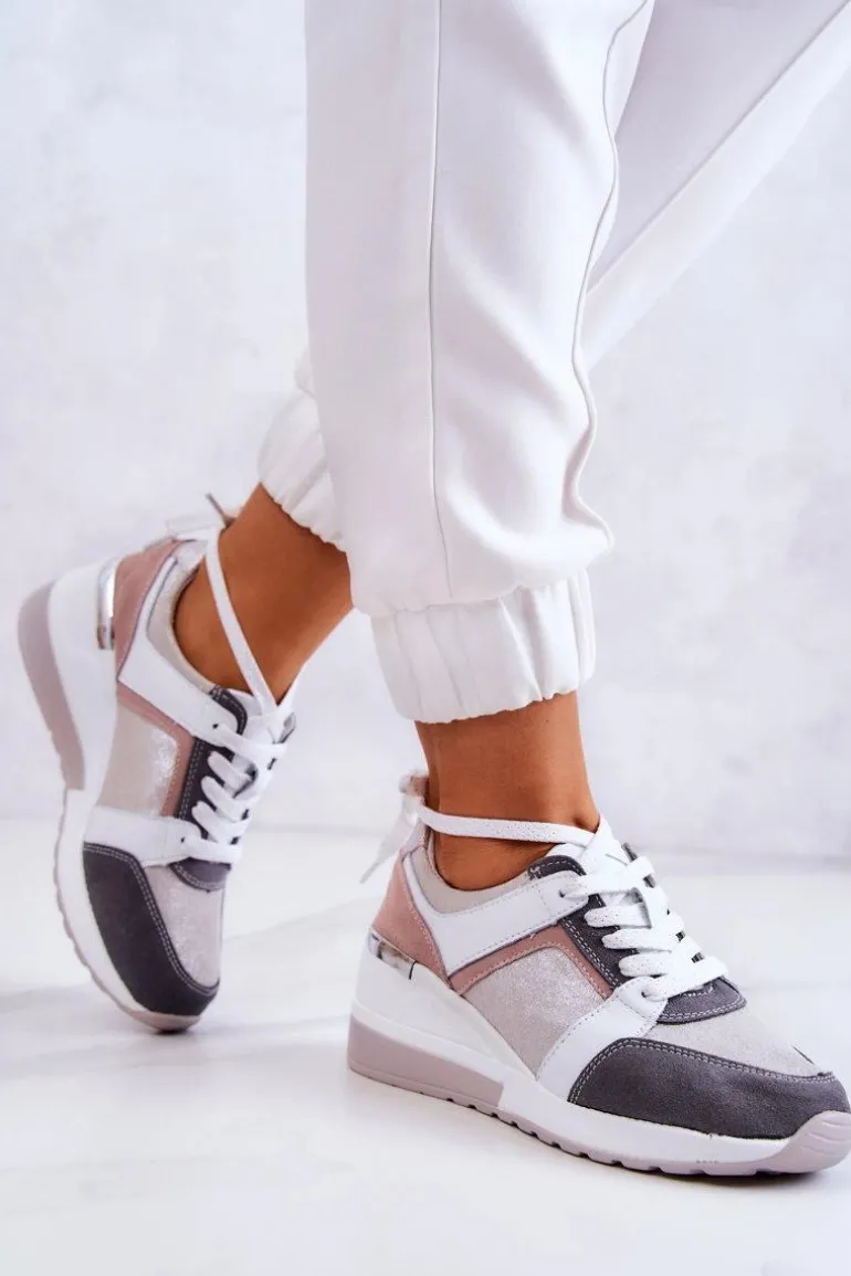 Skórzane Buty Sportowe Sneakersy Na Koturnie Srebrno-Szare Elissa