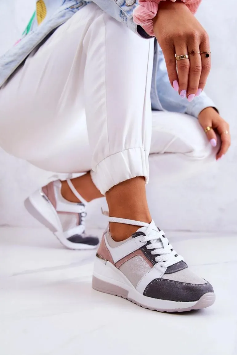 Skórzane Buty Sportowe Sneakersy Na Koturnie Srebrno-Szare Elissa