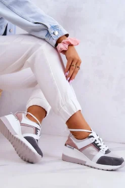 Skórzane Buty Sportowe Sneakersy Na Koturnie Srebrno-Szare Elissa