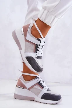 Skórzane Buty Sportowe Sneakersy Na Koturnie Srebrno-Szare Elissa