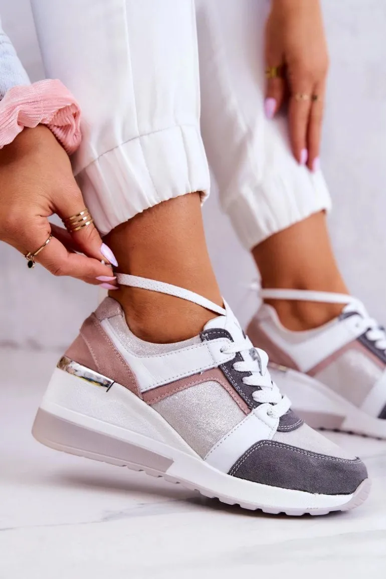 Skórzane Buty Sportowe Sneakersy Na Koturnie Srebrno-Szare Elissa
