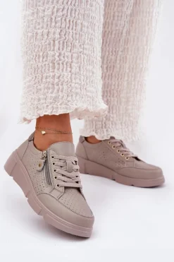 Skórzane Buty Sportowe Sneakersy Na Platformie Z Zamkiem Vinceza 88019 Ciemnobeżowe