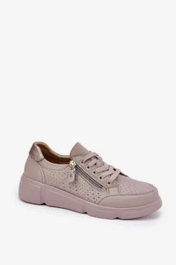 Skórzane Buty Sportowe Sneakersy Na Platformie Z Zamkiem Vinceza 88019 Ciemnobeżowe