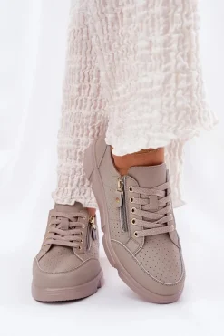 Skórzane Buty Sportowe Sneakersy Na Platformie Z Zamkiem Vinceza 88019 Ciemnobeżowe