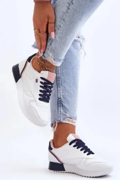 Skórzane Buty Sportowe Sznurowane Na Platformie Biało-Granatowe Merida