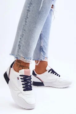 Skórzane Buty Sportowe Sznurowane Na Platformie Biało-Granatowe Merida
