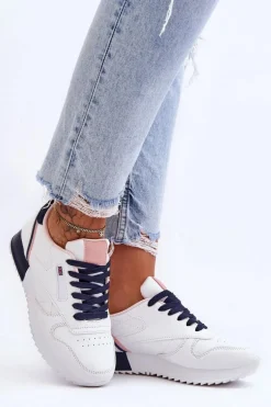 Skórzane Buty Sportowe Sznurowane Na Platformie Biało-Granatowe Merida