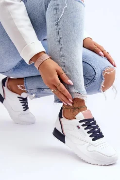 Skórzane Buty Sportowe Sznurowane Na Platformie Biało-Granatowe Merida