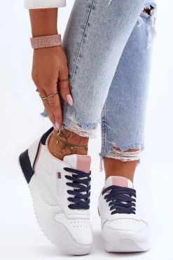 Skórzane Buty Sportowe Sznurowane Na Platformie Biało-Granatowe Merida