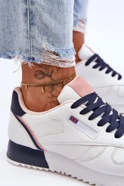 Skórzane Buty Sportowe Sznurowane Na Platformie Biało-Granatowe Merida